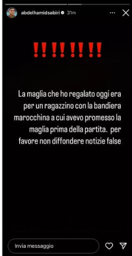 La storia pubblicata su Instagram da Sabiri