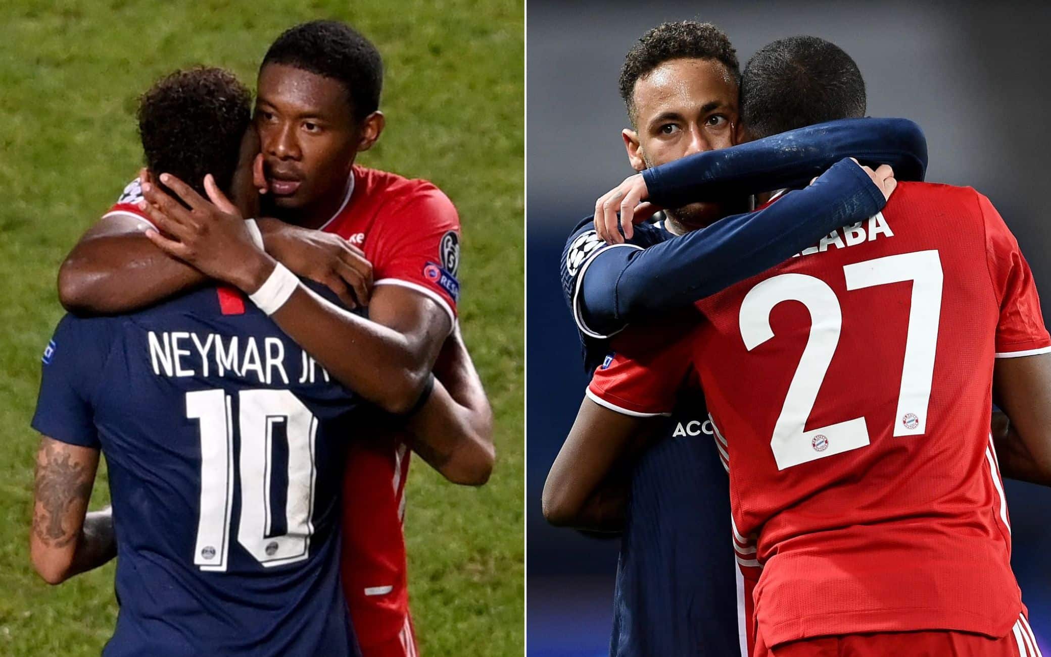 A sinistra l'abbraccio di Alaba a Neymar dopo la finale del 2020. A destra quello di Neymar a Alaba dopo i quarti vinti dal Psg