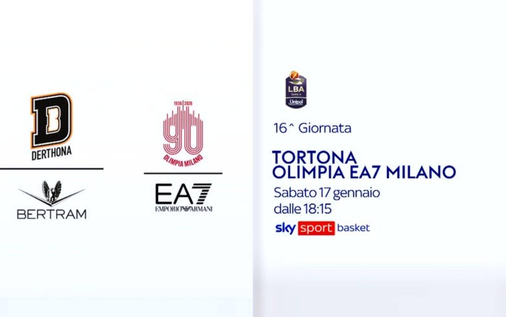 Serie A Basket, Tortona-Milano alle 18.45 su Sky Sport Basket e NOW