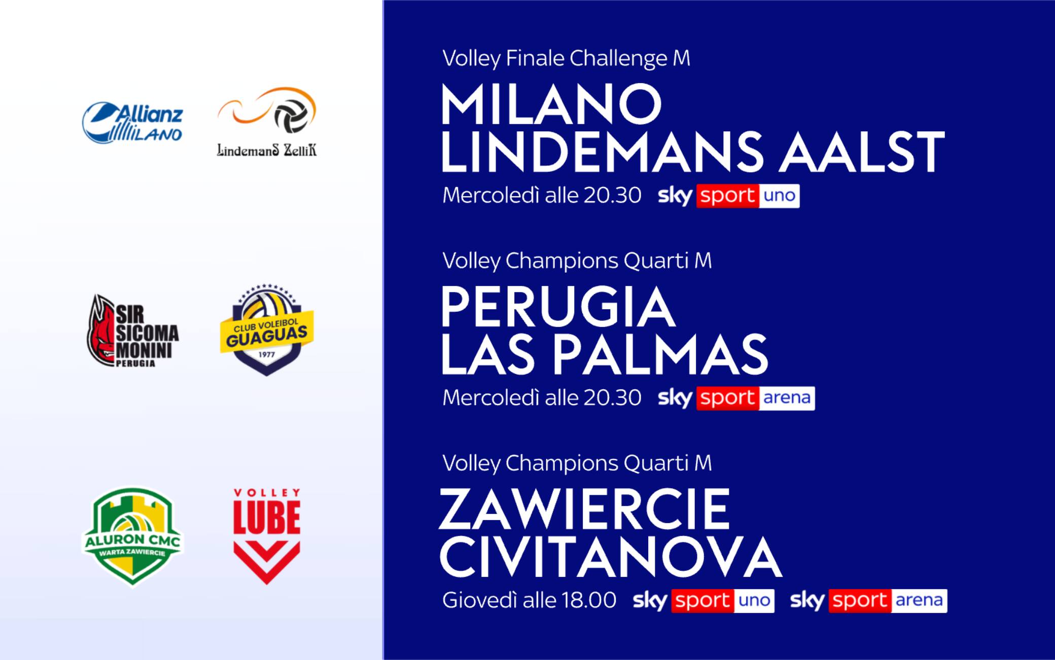 Volley, Champions maschile: ritorno quarti su Sky e finale di Challenge Cup con Milano