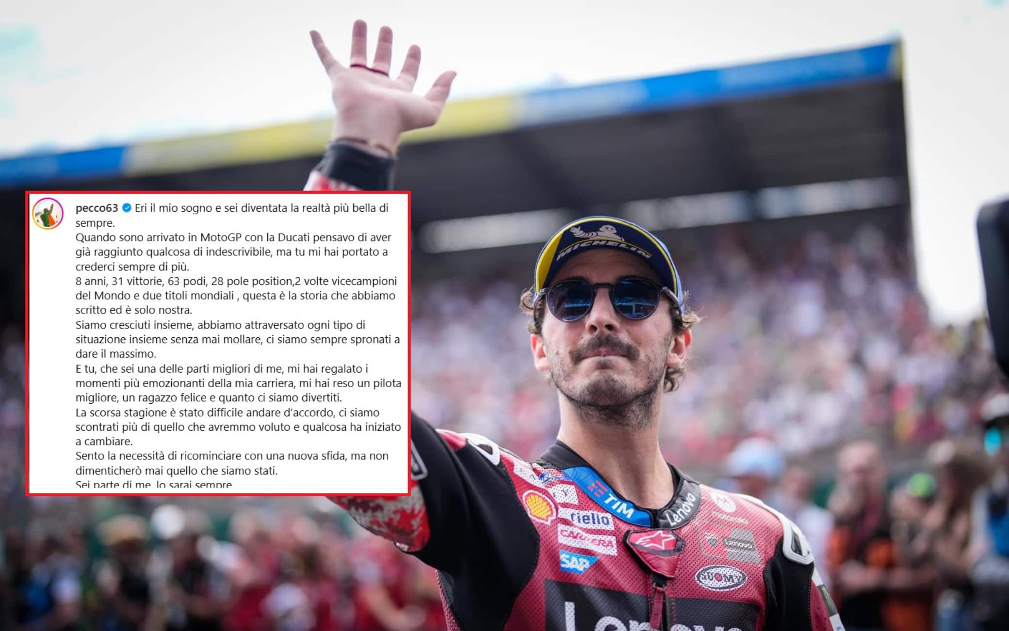 Bagnaia, lettera dopo l'addio alla Ducati: "Sarai sempre parte di me"