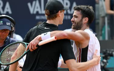 Jannik Sinner of Italy (L) is congratulated by Andrea Pellegrino of Italy after their men's singles match at the Italian Open tennis tournament in Rome, Italy, 12 May 2026.  ANSA/ETTORE FERRARI