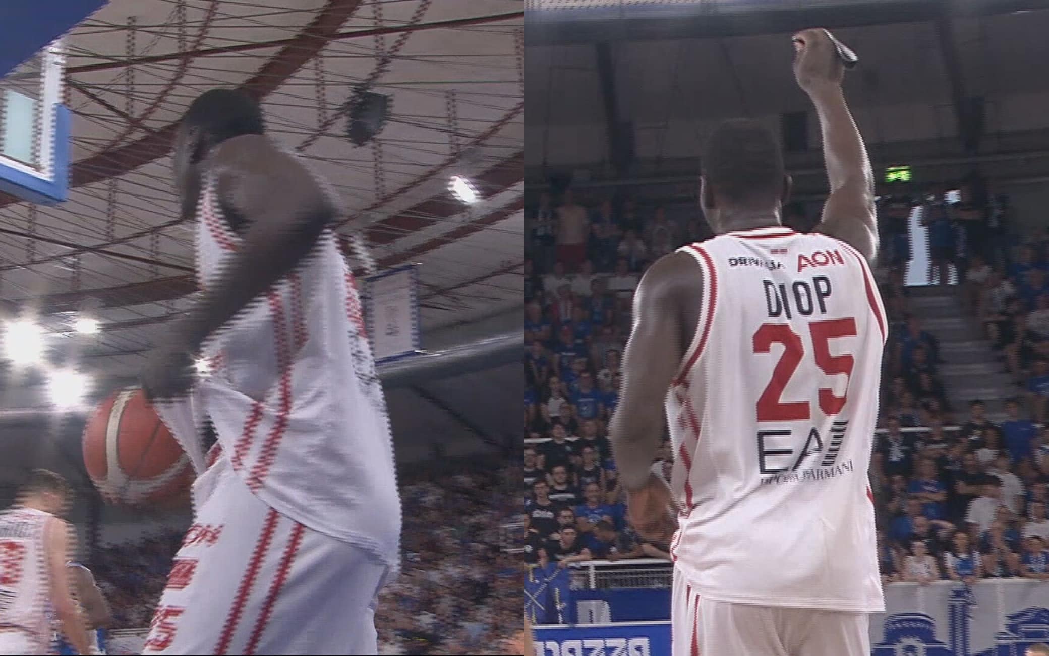 Basket, Bolmaro perde la fascetta e va a cercarla, ma la ha già raccolta Diop. VIDEO