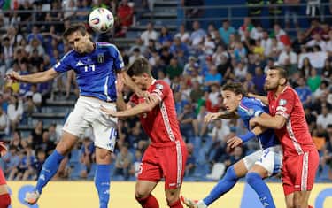 EDITORIAL USE ONLY No use with unauthorised audio, video, data, fixture lists, club/league logos or "live" services. Online in-match use limited to 120 images, no video emulation. No use in betting, games or single club/league/player publications.Mandatory Credit: Photo by Emanuele Pennacchio/Action Plus/Shutterstock (15345715x)Luca Ranieri of Italy wins the header and a scoring chance; Stadio Citta del Tricolore, Reggio Emilia, Italy, FIFA World Cup Qualifier, Group I, Italy versus Moldova.Italy v Moldova, FIFA World Cup Qualifier, Football, Reggio Emilia, Italy - 09 Jun 2025