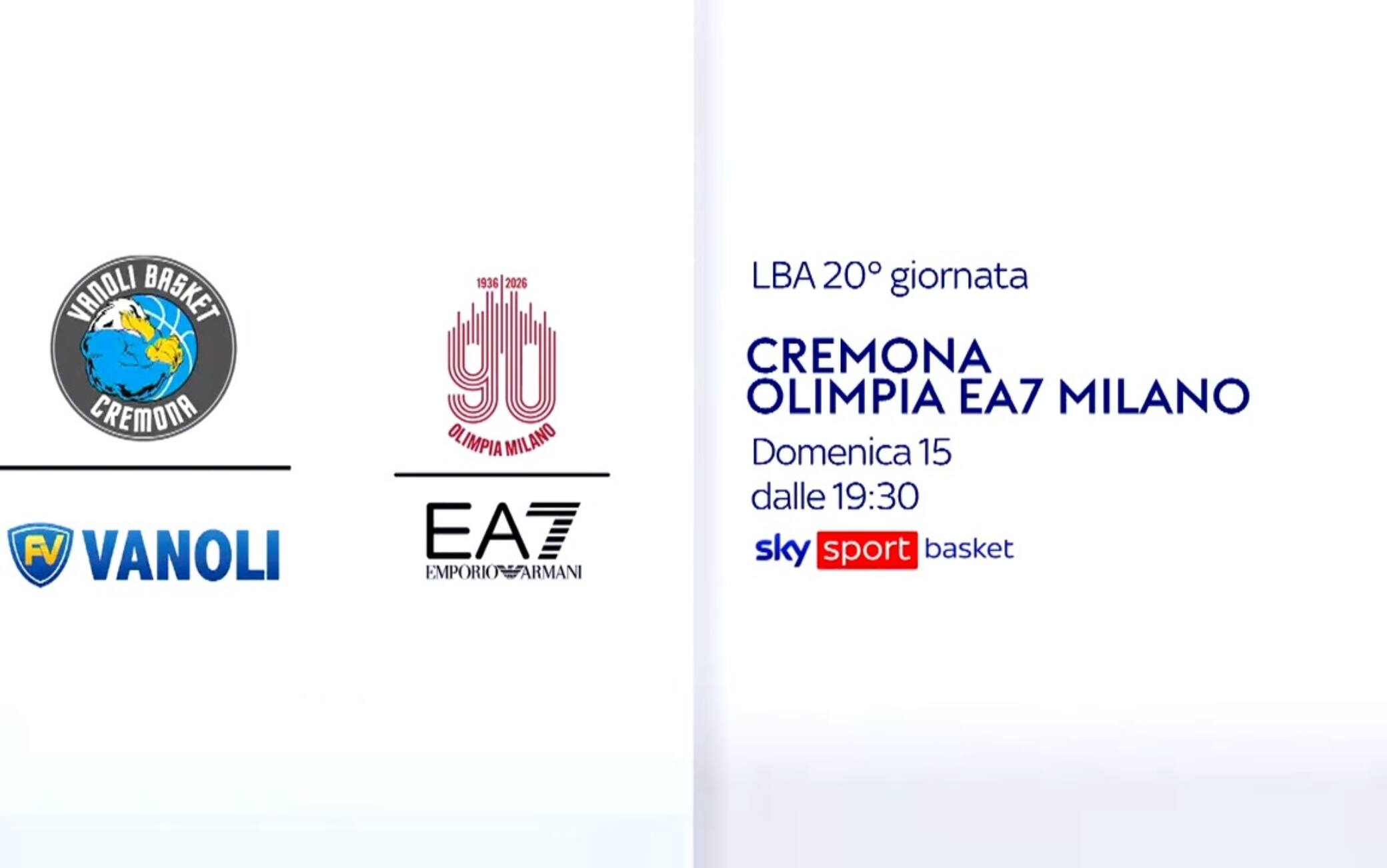 Serie A Basket, Cremona-Olimpia Milano alle 20 su Sky Sport Basket e NOW