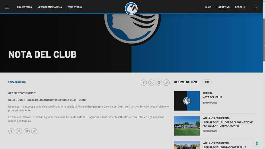 Atalanta, D'Amico non è più il Direttore Sportivo