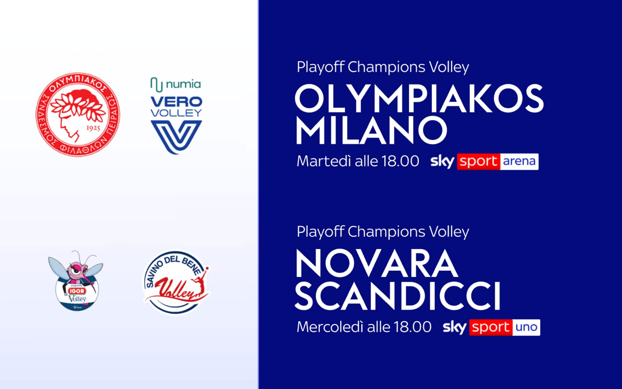 Due giorni di volley europeo su Sky. Oggi al via i playoff con Olympiacos-Milano