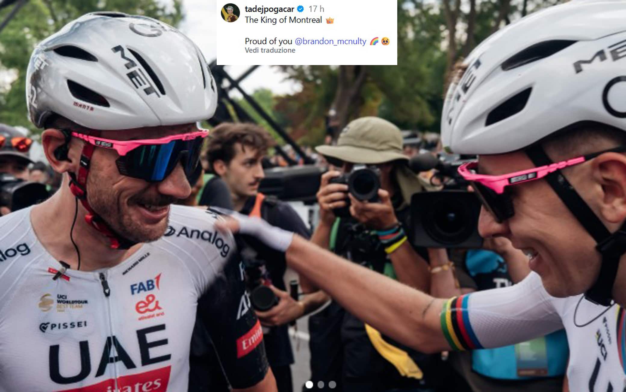 Pogacar, complimenti social a McNulty dopo i Mondiali di ciclismo: "Il re di Montreal" 