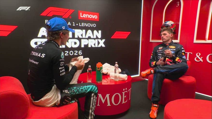 GP Austria, il retropodio con Russell, Verstappen e Kimi