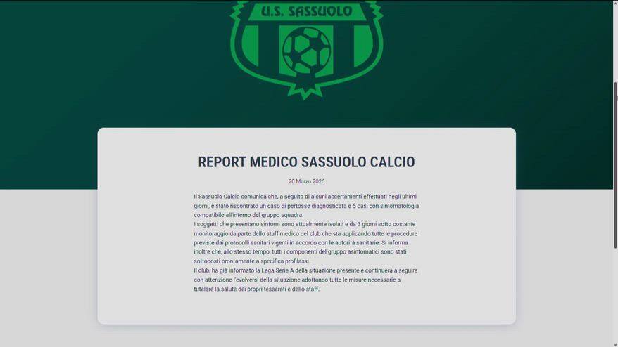 Sassuolo, un caso di pertosse nel gruppo squadra: le news