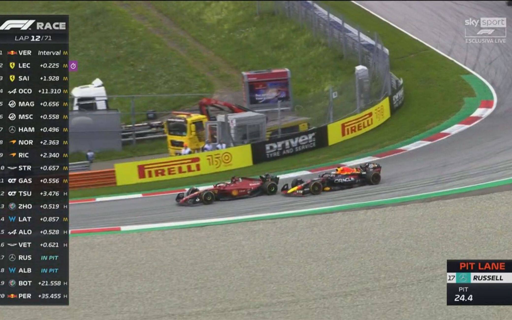 12° GIRO: LECLERC IN TESTA! - Charles lo aveva gà attaccato poco prima. Poi lo passa! E' in crisi con il posteriore Verstappen, si lamenta da un po' e deve accodarsi dopo il sorpasso di Leclerc  