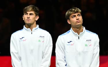 BOLOGNA, ITALY - SEPTEMBER 13: Simone Bolelli, Andrea Vavassori, Matteo Berrettini, Matteo Arnaldi, Flavio Cobolli and Filippo Volandri of Italy during the presentation of the teams the 2024 Davis Cup Finals Group Stage Bologna match at Unipol Arena on September 13, 2024 in Bologna, Italy. (Photo by Image Photo Agency/Getty Images)