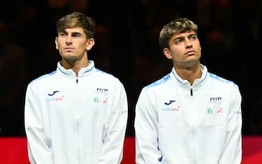 BOLOGNA, ITALY - SEPTEMBER 13: Simone Bolelli, Andrea Vavassori, Matteo Berrettini, Matteo Arnaldi, Flavio Cobolli and Filippo Volandri of Italy during the presentation of the teams the 2024 Davis Cup Finals Group Stage Bologna match at Unipol Arena on September 13, 2024 in Bologna, Italy. (Photo by Image Photo Agency/Getty Images)