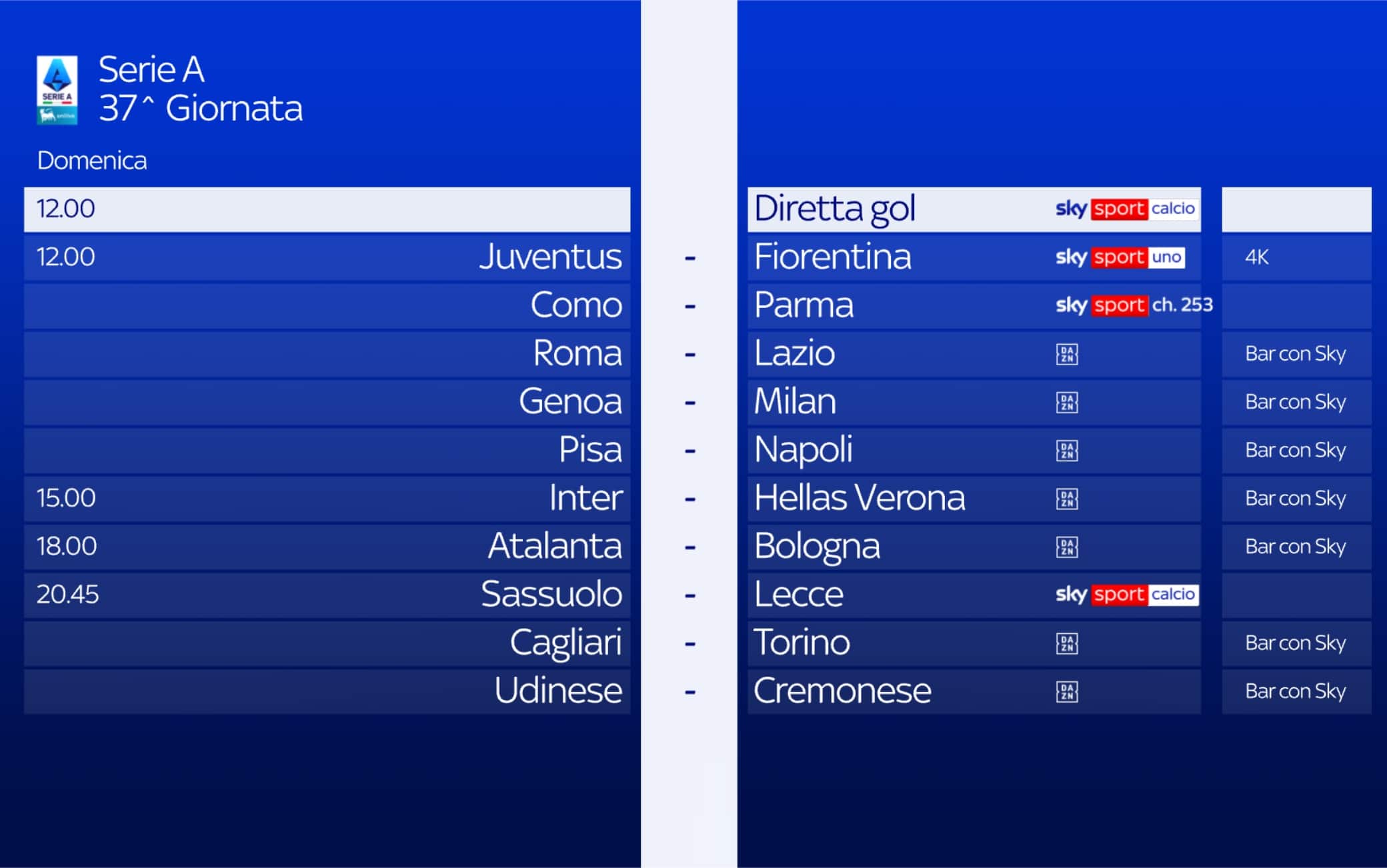 Le partite di Serie A di oggi, il calendario e gli orari della 37^ giornata