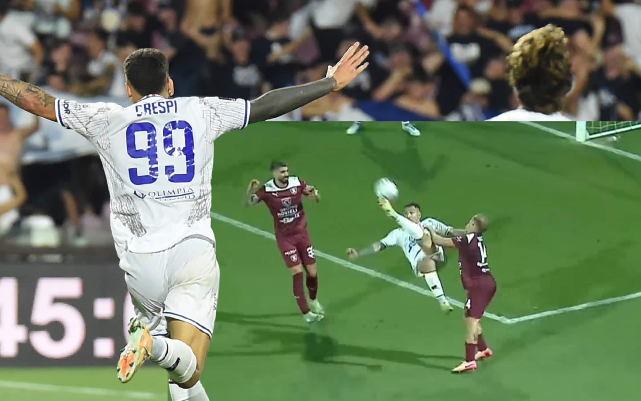 Salernitana-Brescia, il gol di Crespi in rovesciata è un capolavoloro