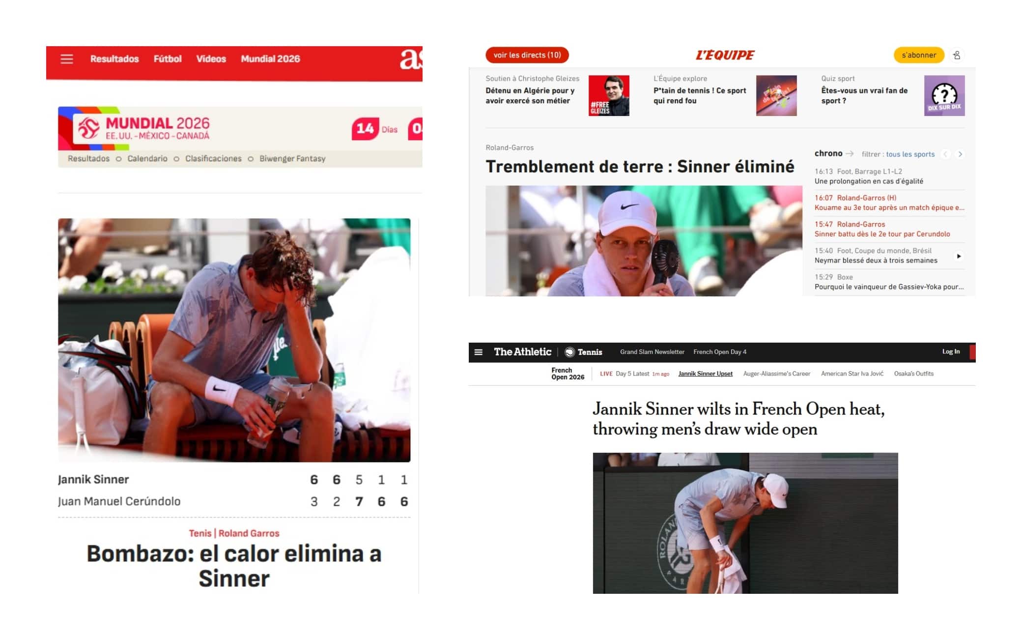 Sinner fuori al Roland Garros: l'eliminazione per il gran caldo di Parigi sui siti esteri