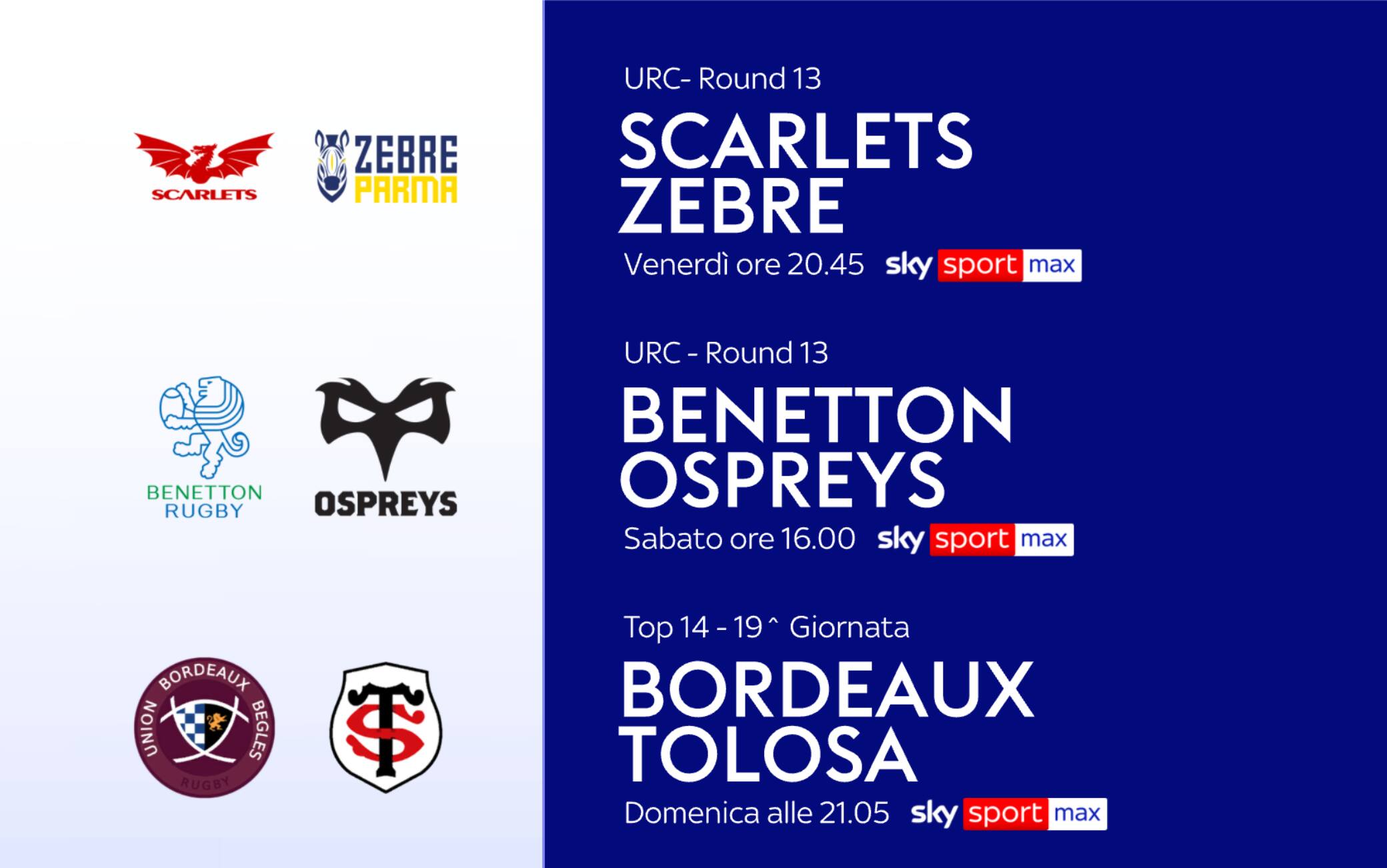 United Rugby Championship e Top 14 francese su Sky. Stasera Scarlets-Zebre