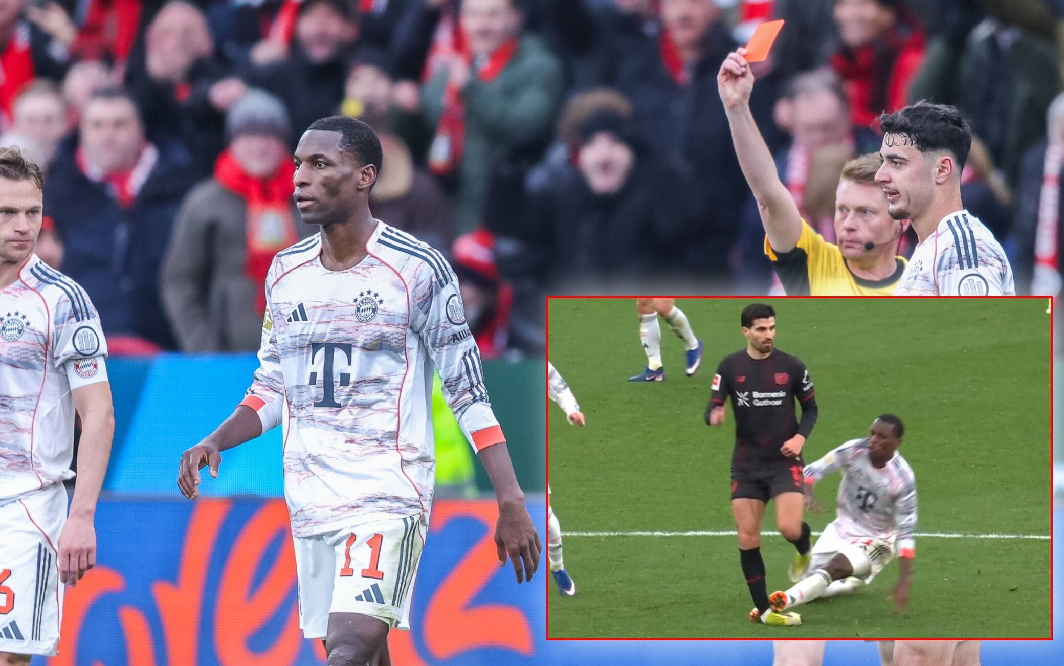 Nicolas Jackson espulso in Bayer Leverkusen-Bayern Monaco: intervento duro sulla caviglia