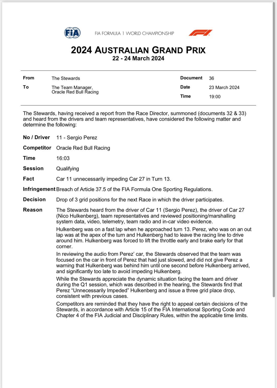 F1, GP Australia, penalità Perez