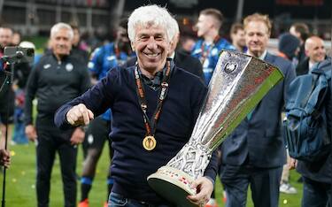 Gian Piero Gasperini, Head Coach of Atalanta with the Trophy after the UEFA Europa League, Final football match between Atalanta BC and Bayer Leverkusen on May 22, 2024 at Aviva stadium in Dublin, Ireland