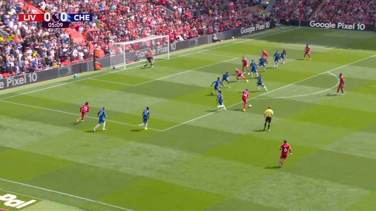 Liverpool-Chelsea, gol stupendo di Gravenberch: il tiro a giro e palla nell'angolo! VIDEO
