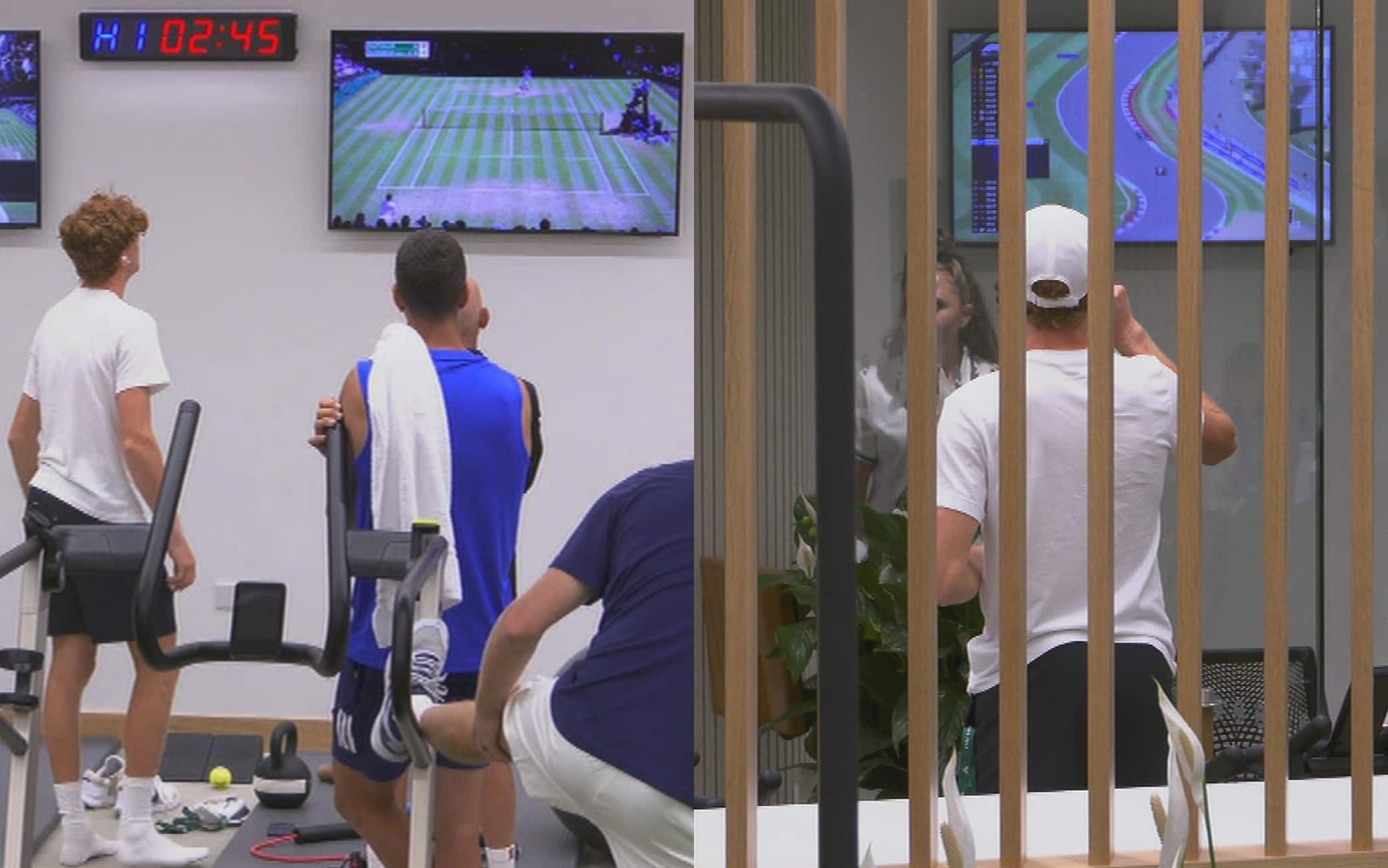 Prima Djokovic poi la F1: l’insolito riscaldamento davanti alla tv di Sinner
