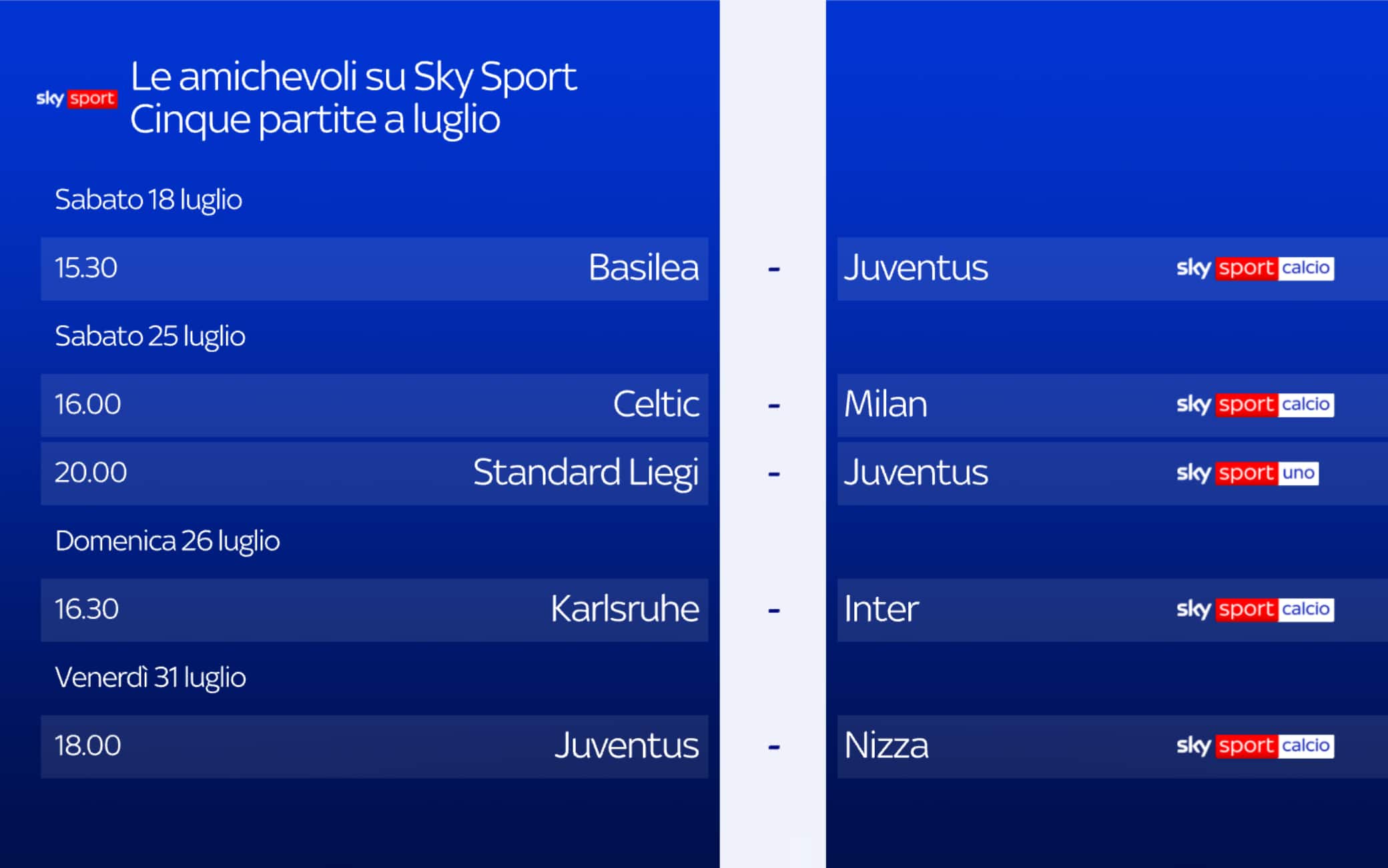 Inter, Juve, Milan, Torino e Napoli: le amichevoli su Sky. La guida tv