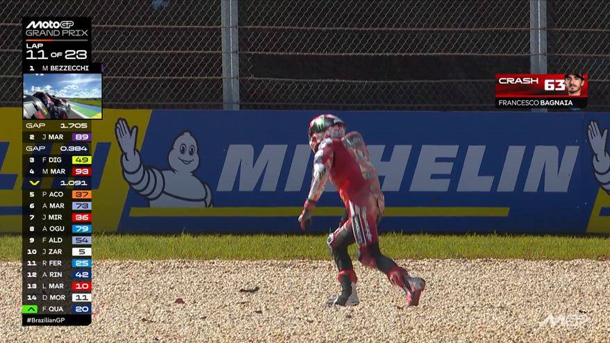Bagnaia, la caduta nella gara del GP Brasile