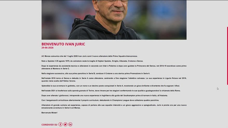 Juric è ufficialmente il nuovo allenatore del Monza: le news