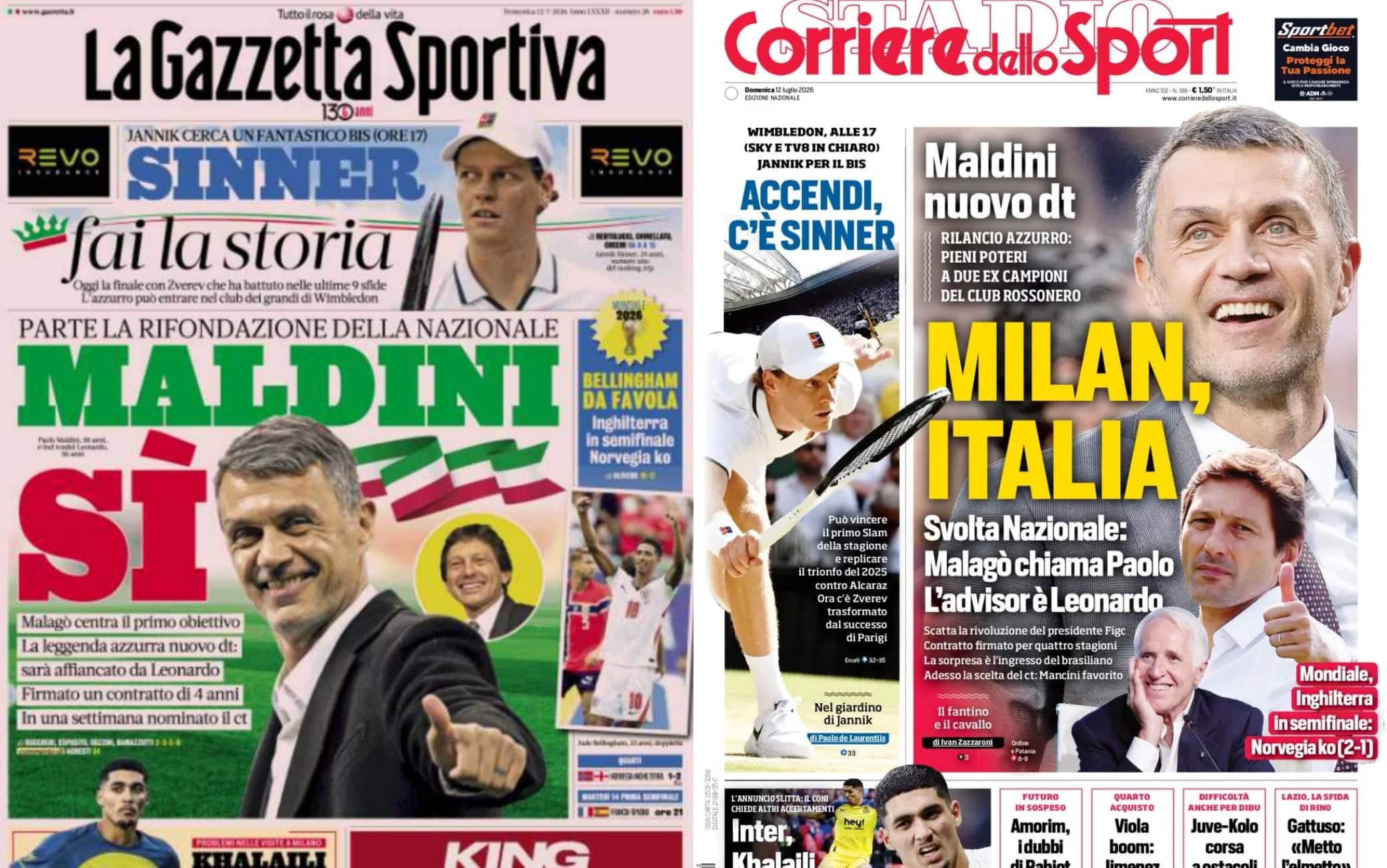 Maldini e Leonardo in Nazionale: le prime pagine dei giornali in Italia e i siti esteri