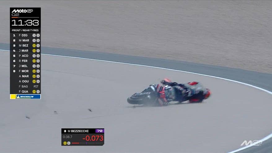 Bezzecchi cade a 160 all'ora nel Q2 del Gp Germania