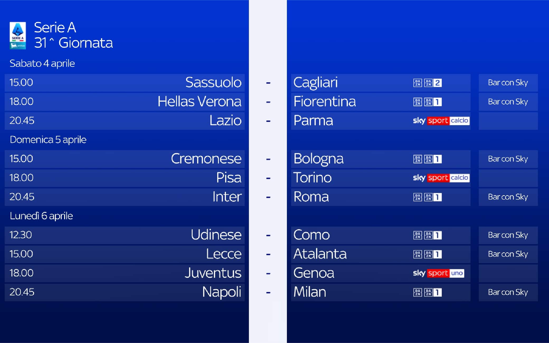 Serie A, 31^ giornata: orari, arbitri e squalificati
