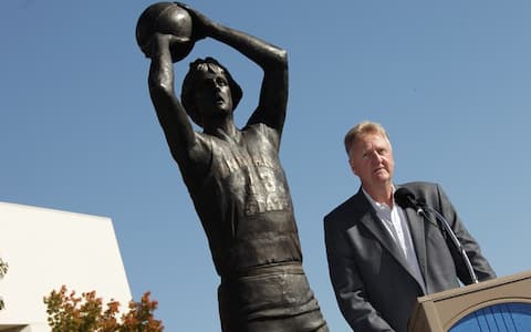 TERRE HAUTE - NOVEMBER 9:  NBA legend Larry Bird makes a speech during the unveiling of the Larry Bird statue at the Hulman Center on the campus of Indiana State University on November 9, 2013 in Terre Haute, Indiana.  NOTE TO USER: User expressly acknowledges and agrees that, by downloading and or using this Photograph, user is consenting to the terms and condition of the Getty Images License Agreement. Mandatory Copyright Notice: 2013 NBAE  (Photo by Ron Hoskins/NBAE via Getty Images)