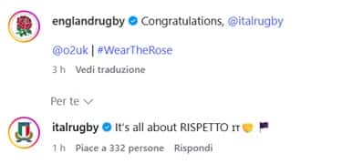 Scambio di commenti Instagram tra la Federazione di rugby inglese e quella italiana